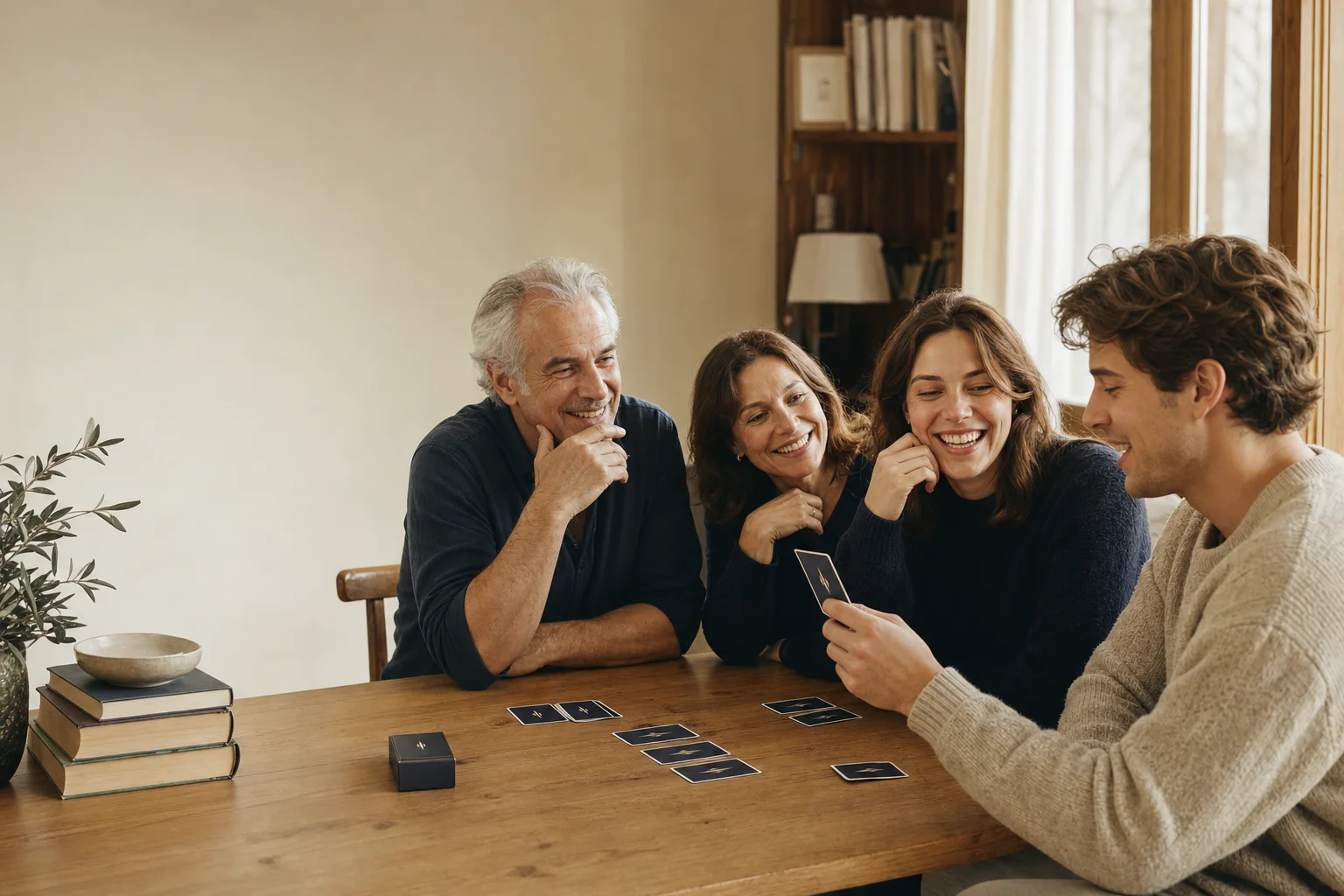 Família a divertir-se com um jogo de perguntas SAVANT à mesa