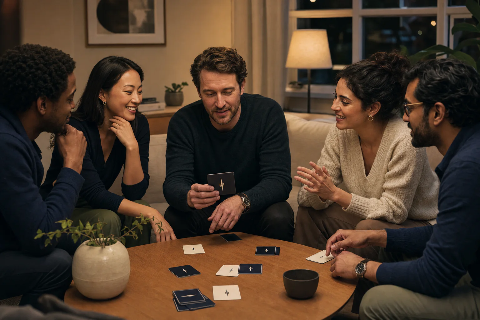Amigos a conversar e a divertir-se com um jogo de cartas SAVANT