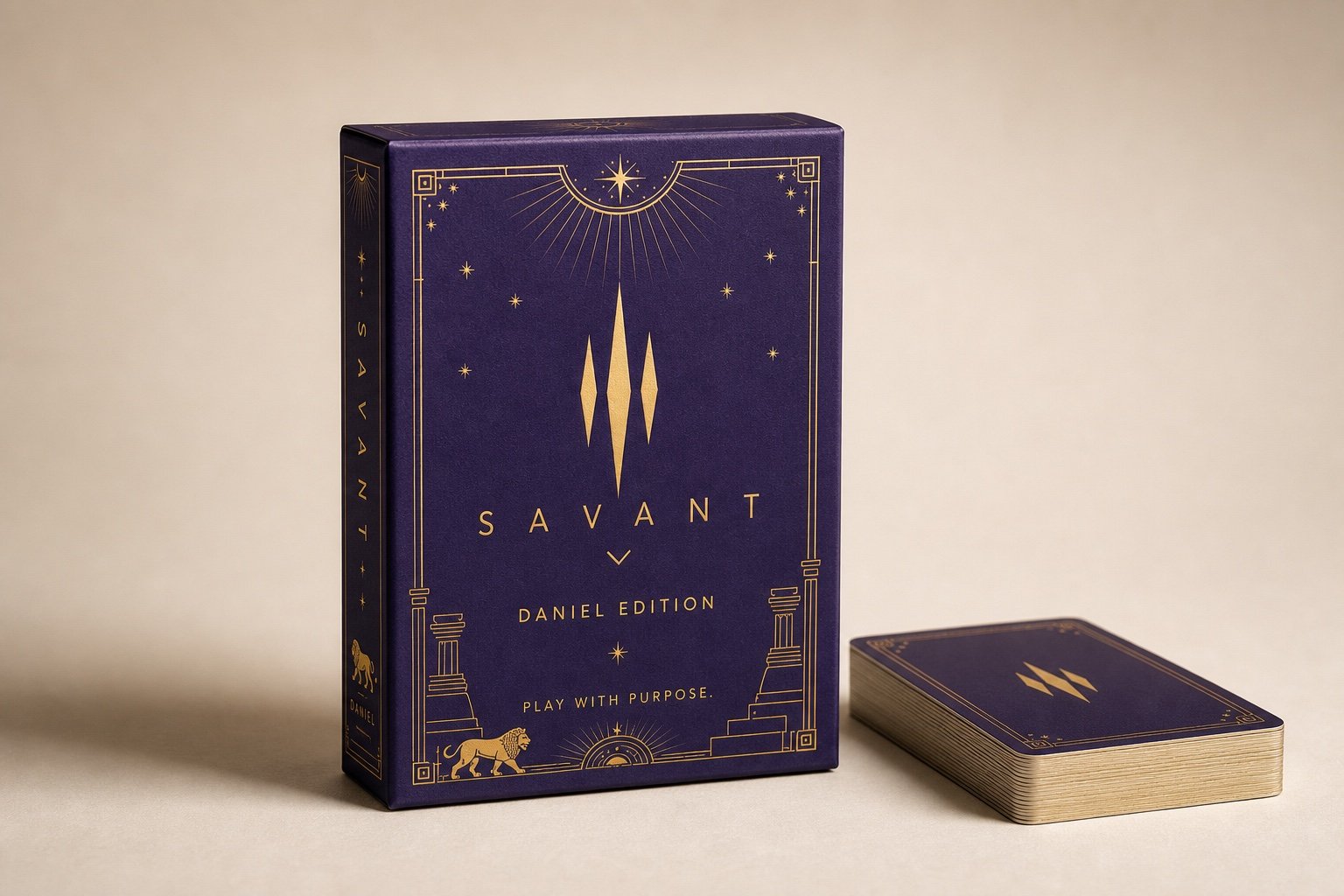Mockup conceptual da caixa e do baralho SAVANT Daniel Edition