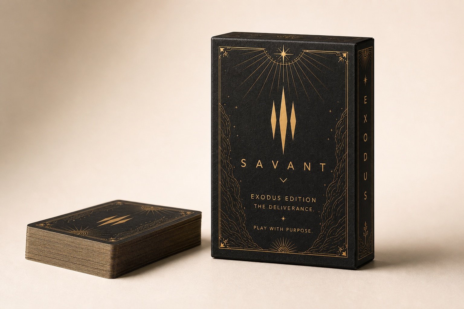 Mockup conceptual da caixa e do baralho SAVANT Exodus Edition