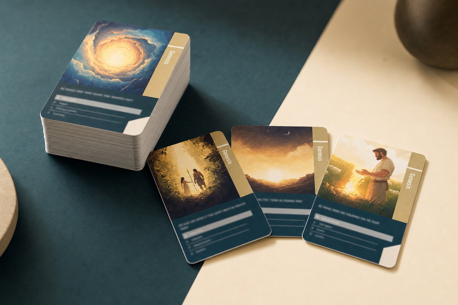 Mockup conceptual do baralho SAVANT Genesis em tamanho poker sobre uma mesa de estúdio